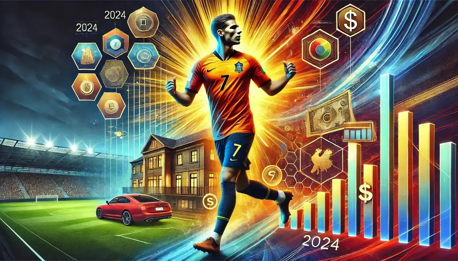 cristiano ronaldo in a number 7 jersey celebrating on a vibrant football field, with luxury symbols and a cheering crowd, highlighting wealth and success
