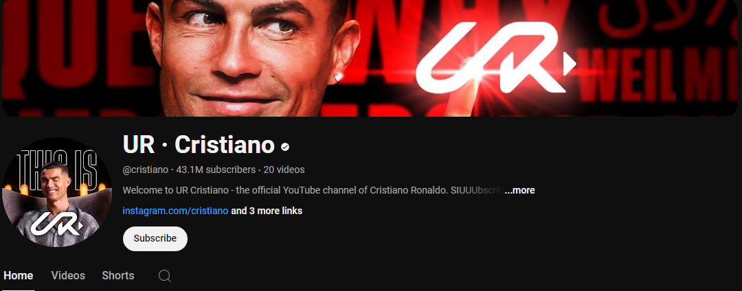 Cristiano Ronaldo's YouTube channel 'UR Cristiano' with 43M subscribers