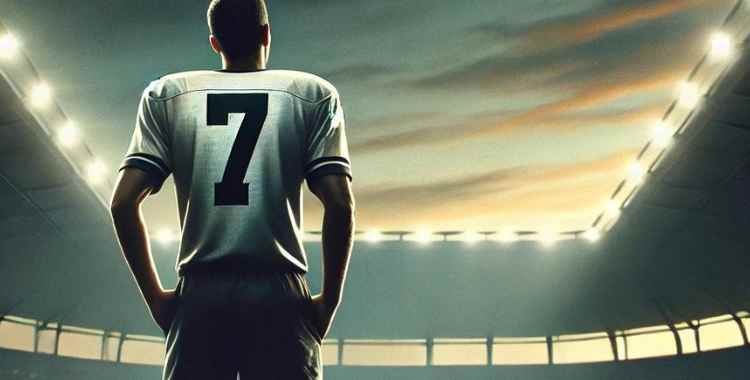 wearing jersey number 7 stands on an empty football field at sunset, symbolizing retirement and reflection