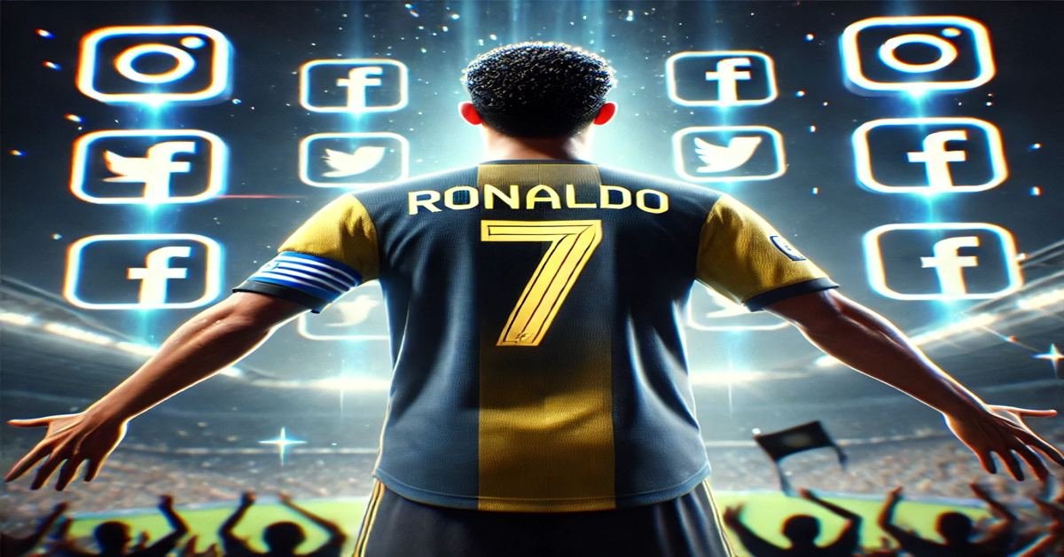 cristiano ronaldo wearing a jersey with the name 'Ronaldo' and the number 7, celebrating on a brightly lit football field with social media icons like Instagram, Facebook, X, and YouTube floating around, symbolizing 1 billion social media followers
