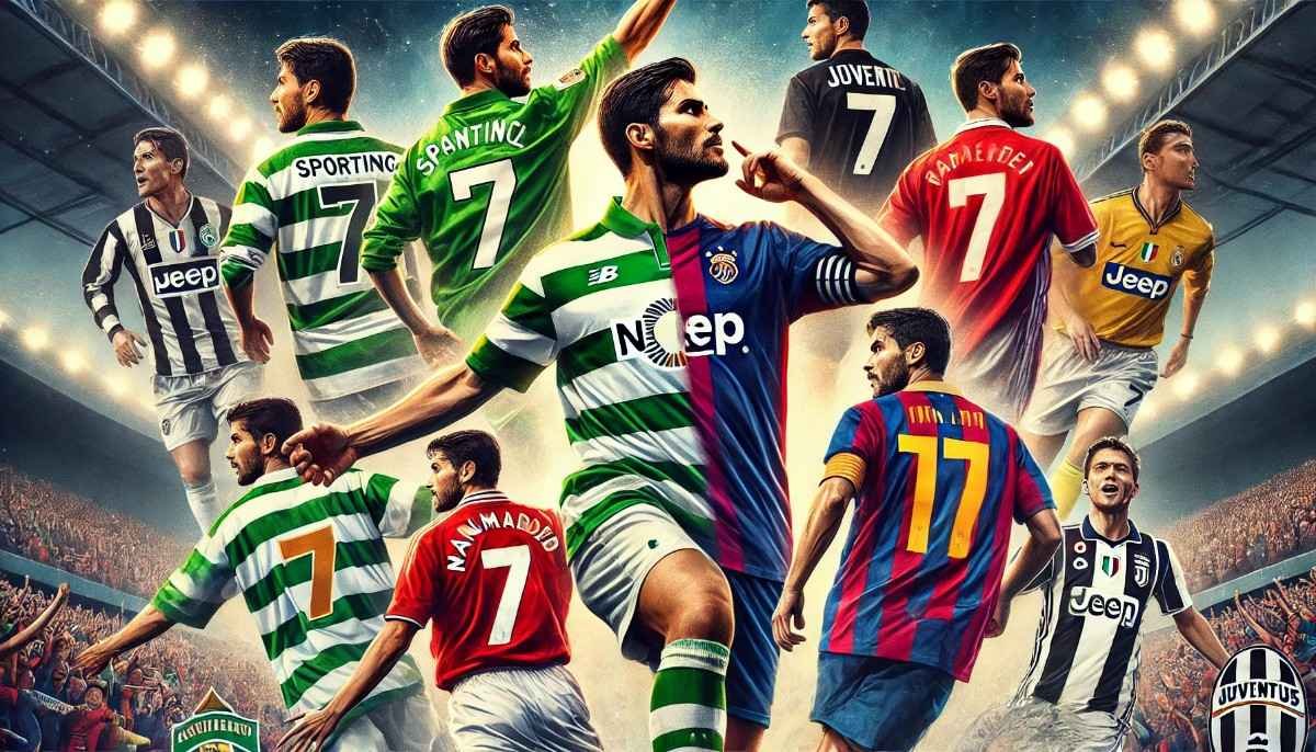 A dynamic collage of a football player wearing jerseys from different stages of his career, showcasing kits resembling Sporting CP, Manchester United No. 7, Real Madrid No. 7, and Juventus No. 7, with a stadium and cheering crowd background