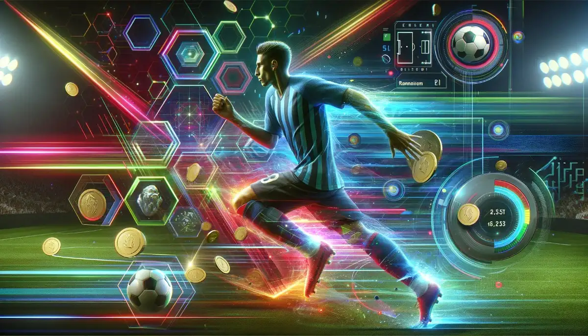 A dynamic football scene with a player in action, surrounded by neon colors, hexagonal patterns, and gaming elements like player stats and coins.