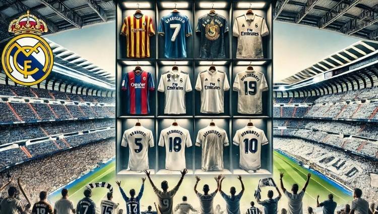 Real Madrid jersey display with fans in the Santiago Bernabéu Stadium, historical jersey evolution, and live match atmosphere