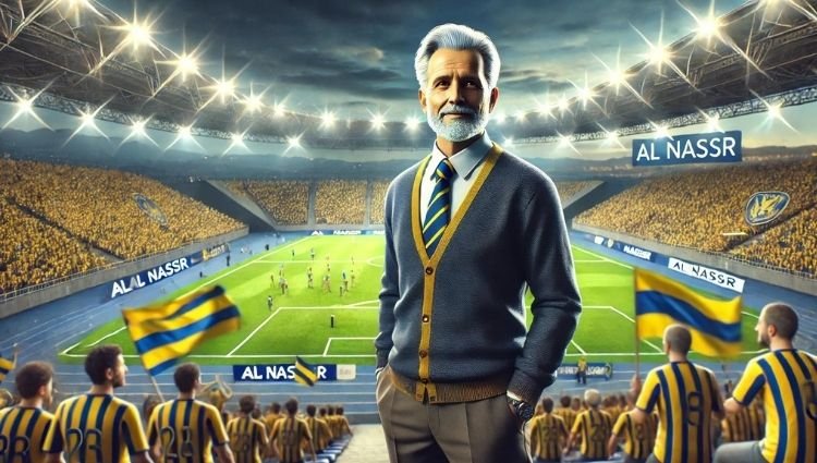 AL nassar football coach with gray hair standing confidently in a stadium, wearing Al Nassr's colors with cheering fans in the background
