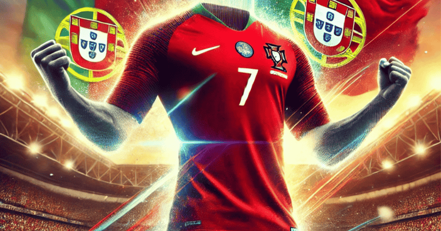 Portugal national team jersey with the iconic No. 7, symbolizing key moments in football history, set against a backdrop of a football stadium with cheering fans