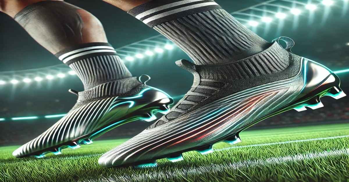 Futuristic football cleats with sleek aerodynamic design placed on a grass field under stadium lights, showcasing high-performance features like breathable material and metallic colors