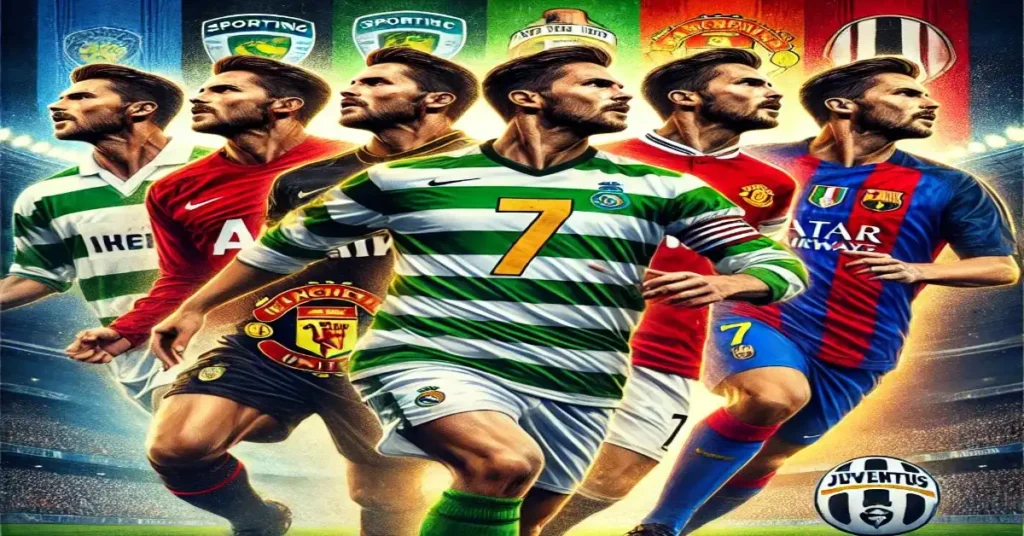 a football player cristiano ronaldo wearing jerseys from different stages of his career, showcasing kits resembling Sporting CP, Manchester United No. 7, Real Madrid No. 7, and Juventus No. 7, with a stadium and cheering crowd background
